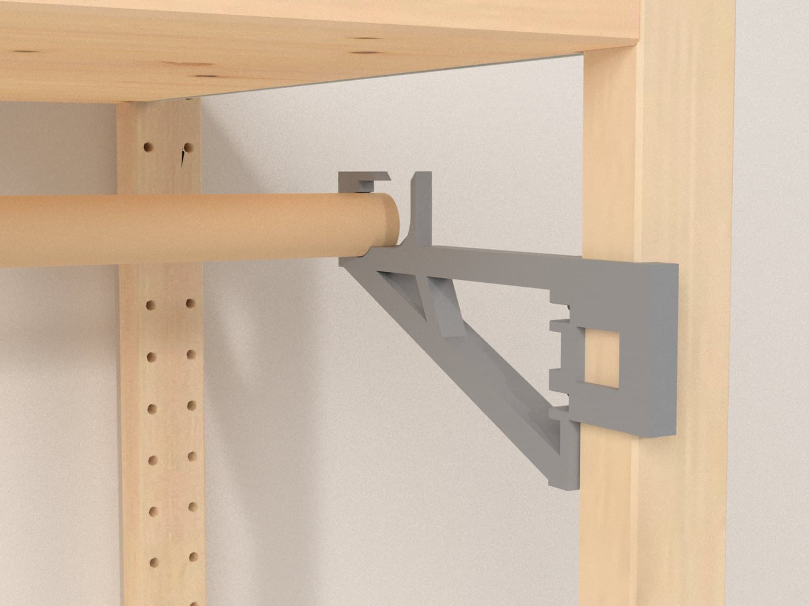 Nahes Rendering einer grauen Halterung an einem IVAR-Pfosten mit einer Holzstange