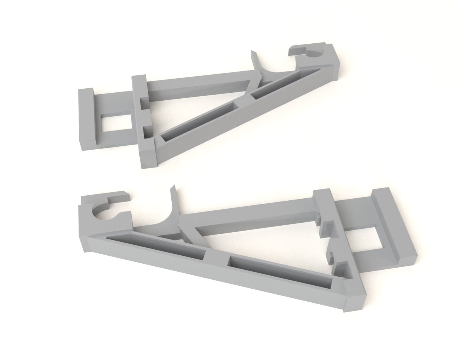 Rendering eines Paars grauer gedruckter Halterungen für IKEA IVAR, links und rechts, flach liegend