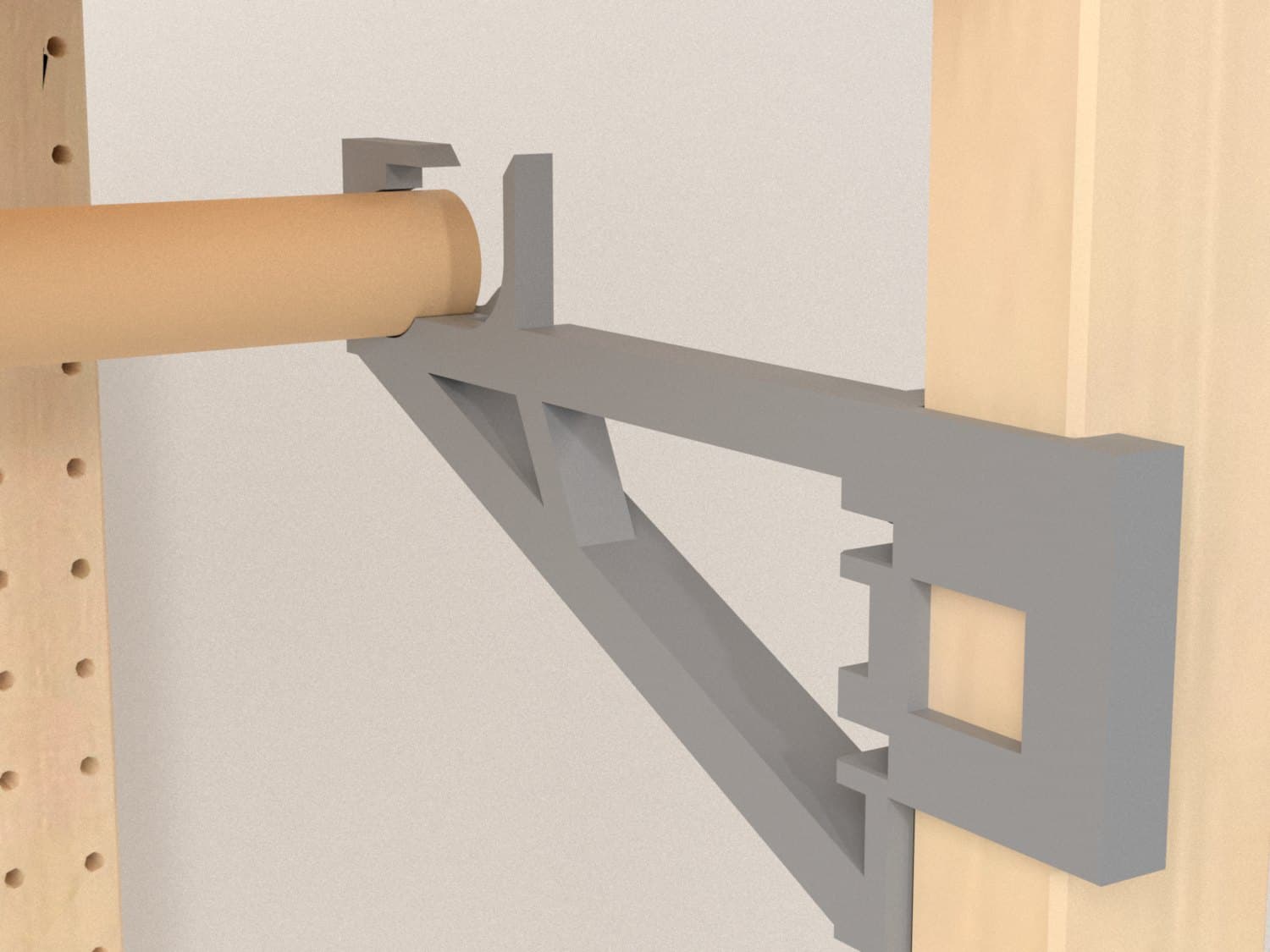 Rendering der Holzstange in der Auflage der Halterung